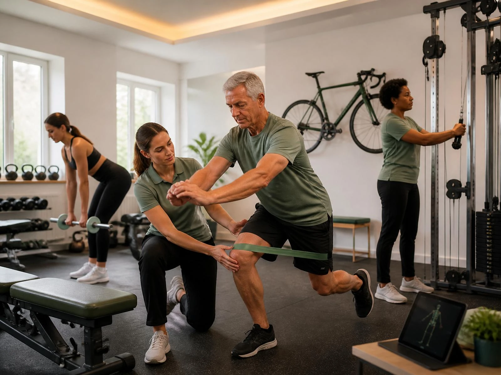 Physiotherapeutin begleitet eine Klientin bei einer evidenzbasierten Kräftigungsübung im Trainingsraum von Fit durch Physio in Berlin.
